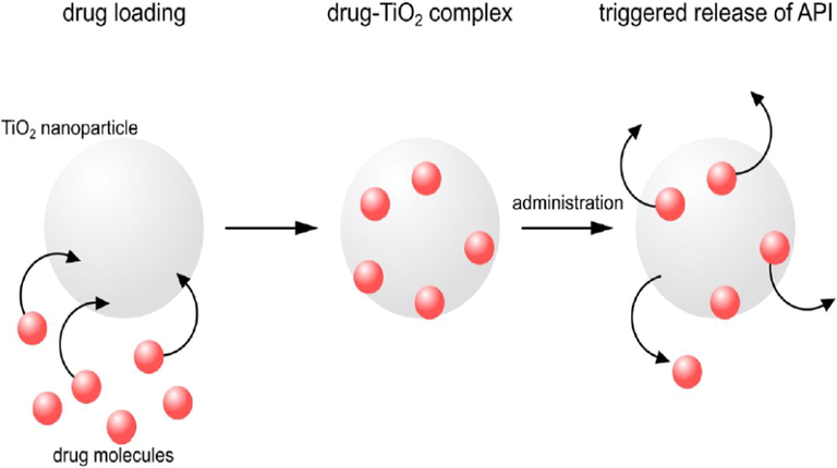 Schematic demonstration of drug delivery applying TiO2NPs for cancer treatment. Reprinted with permission from (Ziental et al., 2020).