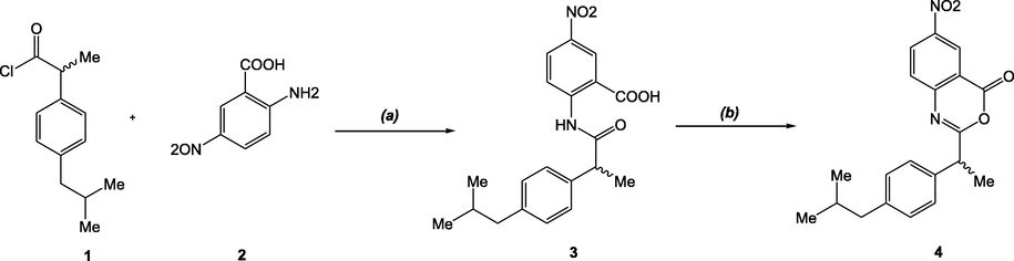 Syntheses of 2-(1-(4-isobutylphenyl)ethyl)-6-nitro-4H-benzo[d][1,3]oxazin-4-one (4), Reagent and conditions: (a) Dry Pyridine, rt, 2hr, 70%; (b) Ac2O, reflux, 2 hr, 65%.