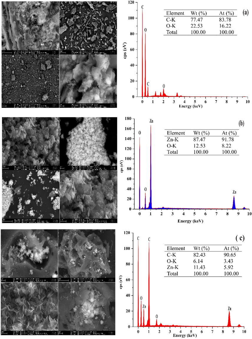 SEM/EDX analysis of FPAC (a); ZnONPs (b) and ZnONPs-FPAC (c).