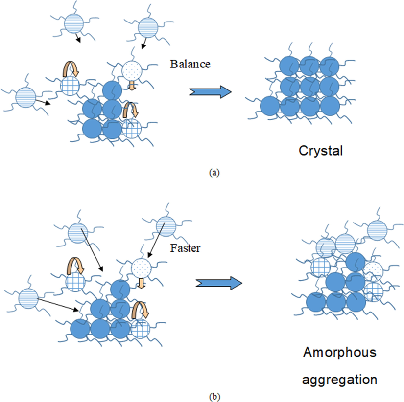 Kinetics of complex crystallization and amorphous aggregation. (a) Formation of a crystal when the rate constant of the molecular volume transport is comparable with that of a molecular rearrangement. (b) Formation of amorphous aggregation when the volume transport is much faster than the molecular rearrangement.