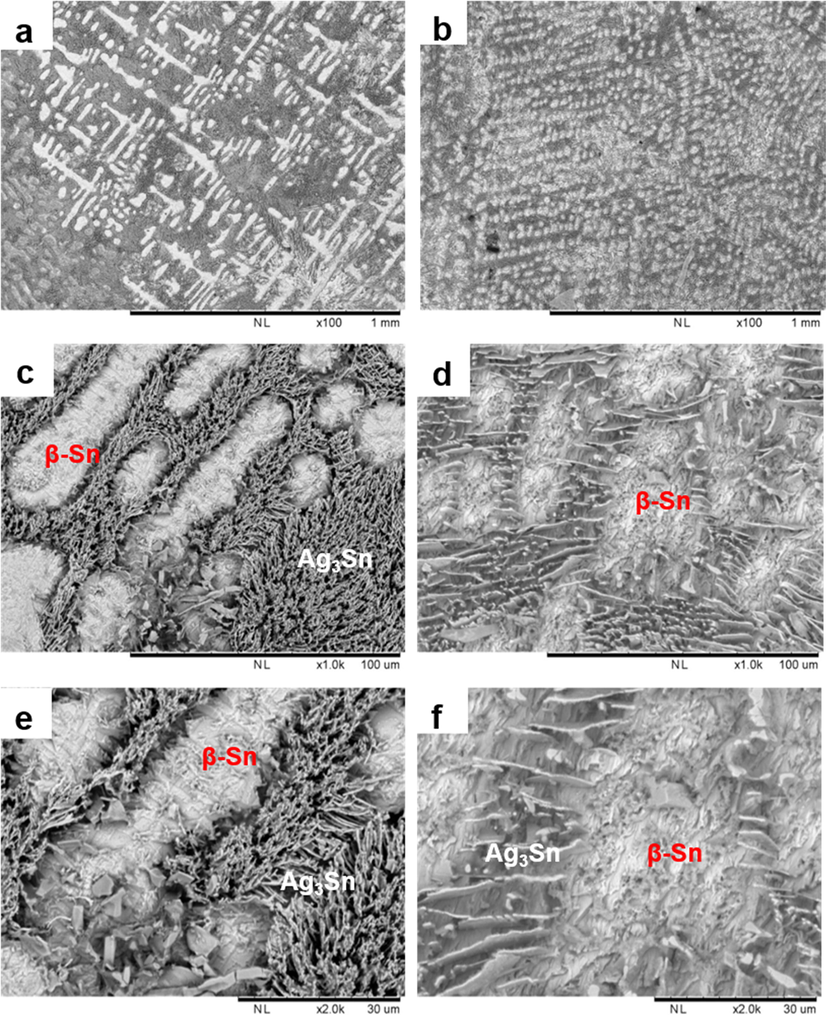 Microstructure at the solder bulk of (a, c, e) SAC305 and (b, d, f) SAC305/0.07GNP obtained by SEM at different magnifications.