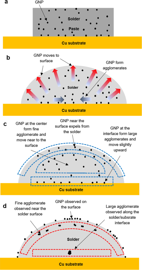 Schematic for graphene movement and expulsion during the reflow process of SAC305/0.07GNP.