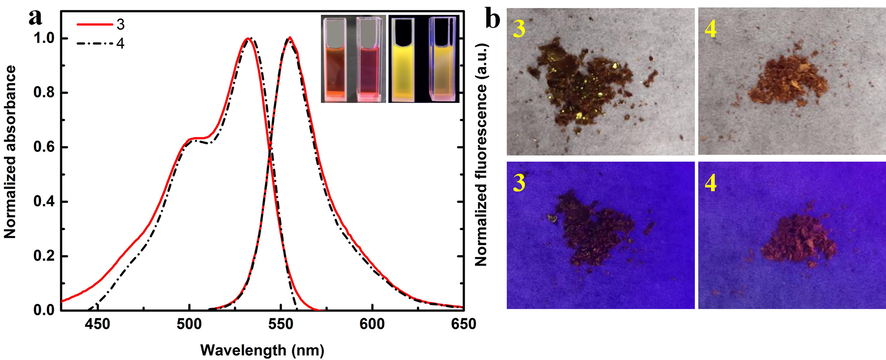 (a) Normalized UV–Vis and Fluorescence spectra of compounds 3 and 4 (C = 15 μmol/L) in DMSO solution. The illustration is a comparison of 3 and 4 in DMSO solution under sunlight and ultraviolet light. (b) Sunlight and fluorescence images of 3 and 4 solid powders at 365 nm excitation wavelength.