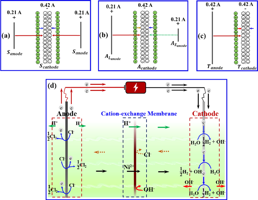 (a–c) Electric field distribution on both the sides of the cathode in the symmetric, asymmetric, and two-compartment systems, respectively; and (d) movement of the ions between the anode and cathode during membrane electrolysis.