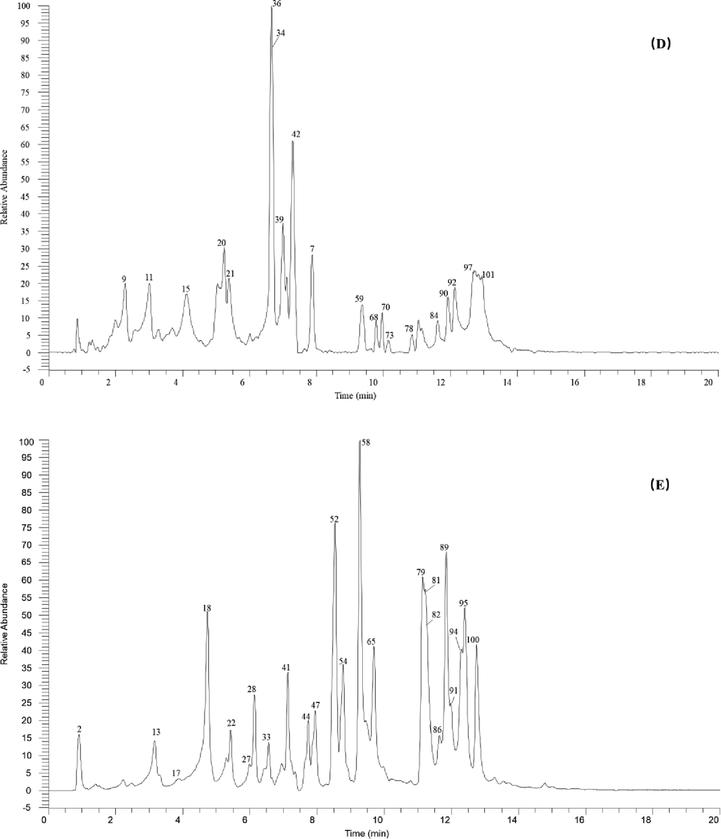 The high-resolution extracted ion chromatogram (HREIC) in 5 ppm for the multiple compounds in PRA. (A) m/z 481.09876, 315.01464, 783.10503, 873.15198, 343.04594, 935.07960, 703.16684, 599.10424, 329.03029, 694.12091, 801.0792, 461.07254, 473.03616; (B) m/z 463.05181, 321.02520, 787.09994, 545.05729, 335.04085, 493.11989, 939.11090, 183.02989, 631.16684, 169.01424; (C) m/z 477.06746, 621.05808, 483.07802, 937.09525, 721.14102, 315.07215, 343.06706, 801.11559, 461.10893, 633.07333; (D) 445.13514, 197.04554, 785.08429, 1243.13282, 345.08271, 487.05181, 495.07802, 715.13045, 491.08311; (E) 300.99899, 441.08271, 1091.12186, 783.17780, 635.08898, 451.12458, 527.14062.