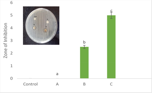 Antibacterial efficacy of silver doped hydroxyapatite at different concentrations (Control-CHAP, A-50 °C, B-400 °C and C-800 °C). The different letters on each column indicates the significant difference.