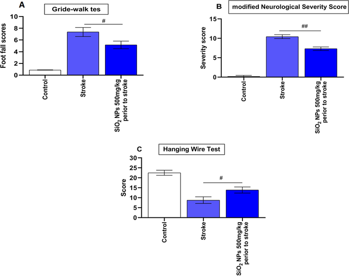 Effect of SiO2 NPs on Gride walk and hanging wire tests and neurologic severity scores. (A) SiO2 NPs treated animals showed a significant decrease in the Gride-walk test a day post-stroke. (B) SiO2 NPs treated animals showed a significant decrease in clinical scores a day post-stroke. (C) Hanging wire test scoring also showed significant improvement in rats receiving SiO2 NPs (# p < 0.05, ## p < 0.01, one-way ANOVA).