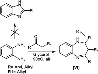 Reaction of o-phenylenediamine with ketones in glycerol as a solvent.