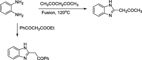 Synthesis of benzimidazole from reaction of 1,3-dicarbonyl compounds.