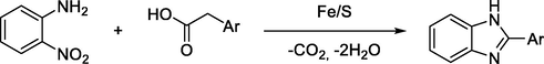 Fe/S catalytic redox condensation reaction for synthesis of benzimidazoles.