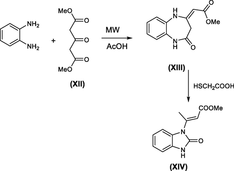 Synthesis of benzimidazolone via rearrangement of benzodiazepinones.