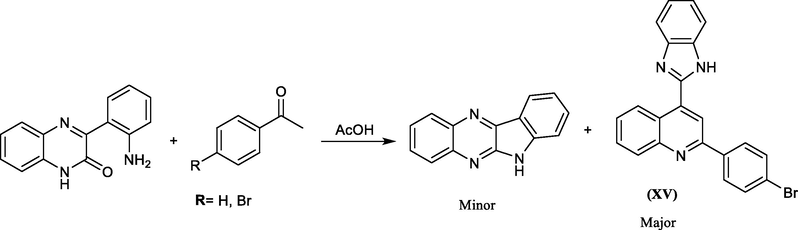 Synthesis of benzimidazole derivative from quinoxalinone and acetophenone.