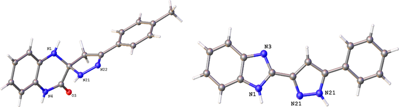 ORTEP drawing of XVIIIe and XIXa. Displacement ellipsoids are drawn at the 30% probability level. H atoms are represented by circles of arbitrary size.