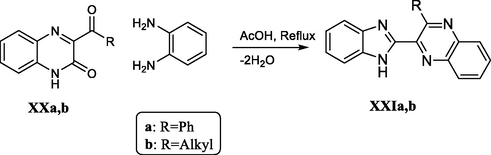 Synthesis of benzimidazole derivatives through acid-catalyzed rearrangement in the quinoxalinone-o-phenylenediamine system.