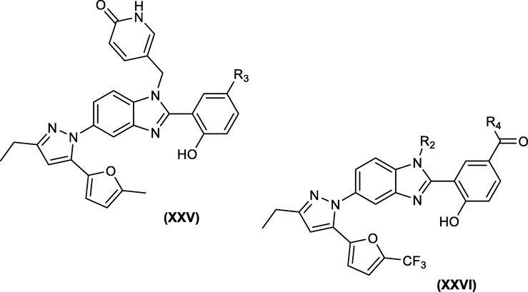 Modified 5-(5-furan-2-yl-pyrazol-1-yl)-1H-benzimidazole at N1, C2 and C16 for HIV-1 inhibition.