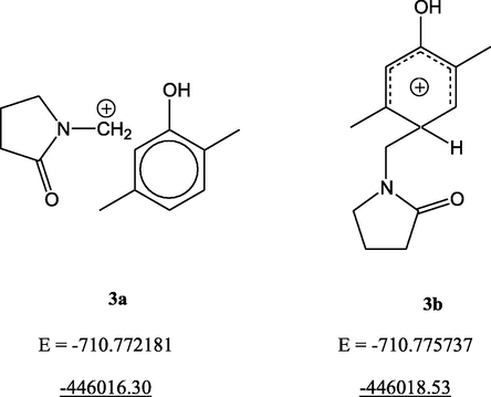 Zero-point corrected energy values (atomic units, a.u. and kcal/mol, underlined) for 2,5-dimethylphenol intermediates.