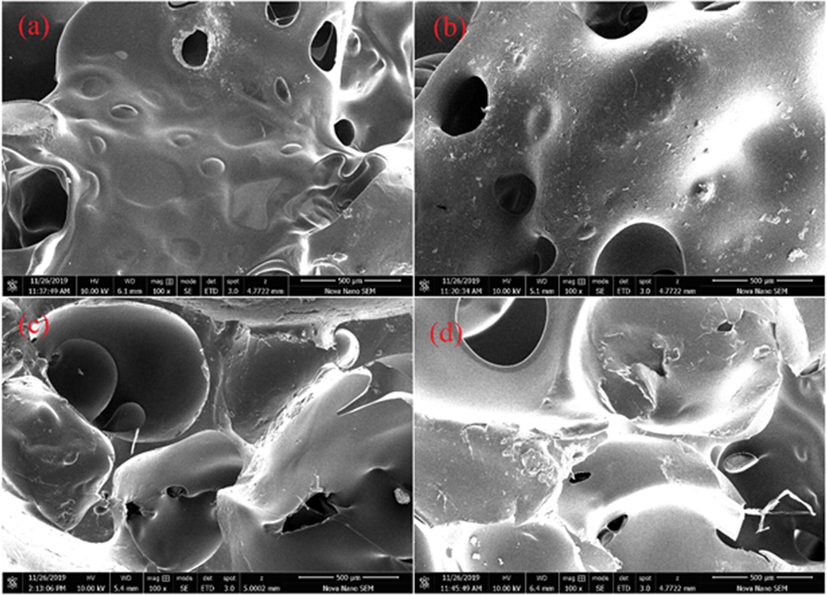 SEM images of polyurethane foams (a) PU-PEG, (b) PU-PEG60/CO40, (c) PU-PEG40/CO60 and (d) PU-CO.