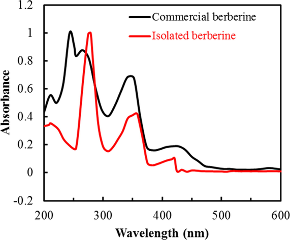 Comparison of UV–Vis spectra of commercial berberine and isolated berberine.