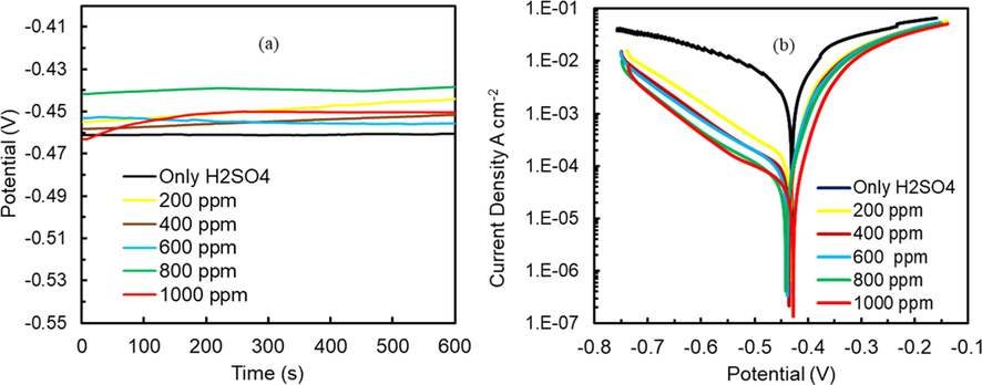 (a) Variation of OCP of mild steel specimen in 1.0 M H2SO4 solution without and with berberine of different concentrations against an SCE reference (b) potentiodynamic polarization of mild steel in 1.0 M H2SO4 without and with berberine of different concentrations.