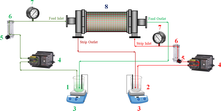 Schematic flow diagram of the separation system via HFSLM: 1 feed solution reservoir, 2 stripping solution reservoir, 3 hotplate and stirrer with Pt-100 temperature sensor, 4 peristaltic pump, 5 flow regulator valve, 6 flow meter, 7 pressure gauge, and 8 hollow fiber module.