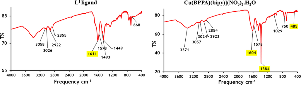 FTIR spectrum for (L1) ligand and [Cu(BPPA)(bipy)](NO3)2·H2O complex.