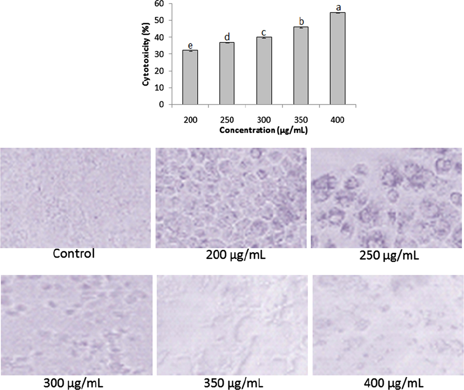 Anticancer activities of aqueous extract at varied concentrations (200–400 µg/mL). Data represent mean ± SD. abcdeValues with different superscript letters are significantly (P < 0.05) different.