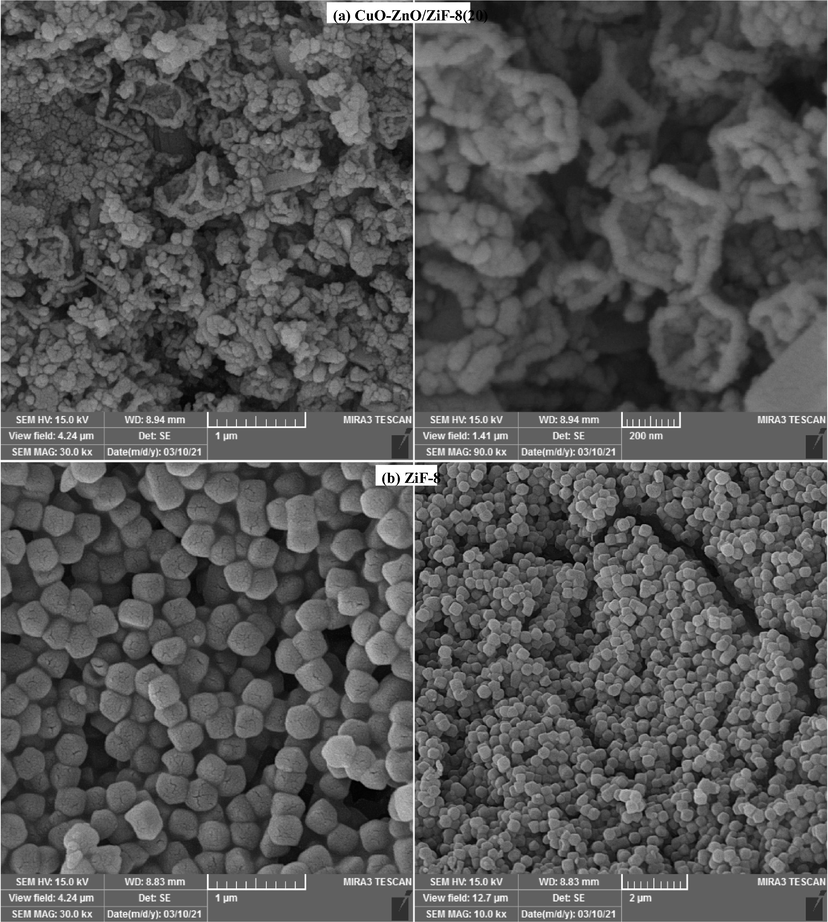 Detail FESEM images of CuO-ZnO/ZiF-8 photocata lysts:(a)CuO-ZnO/ZiF-8 (20), and (b)ZiF-8.