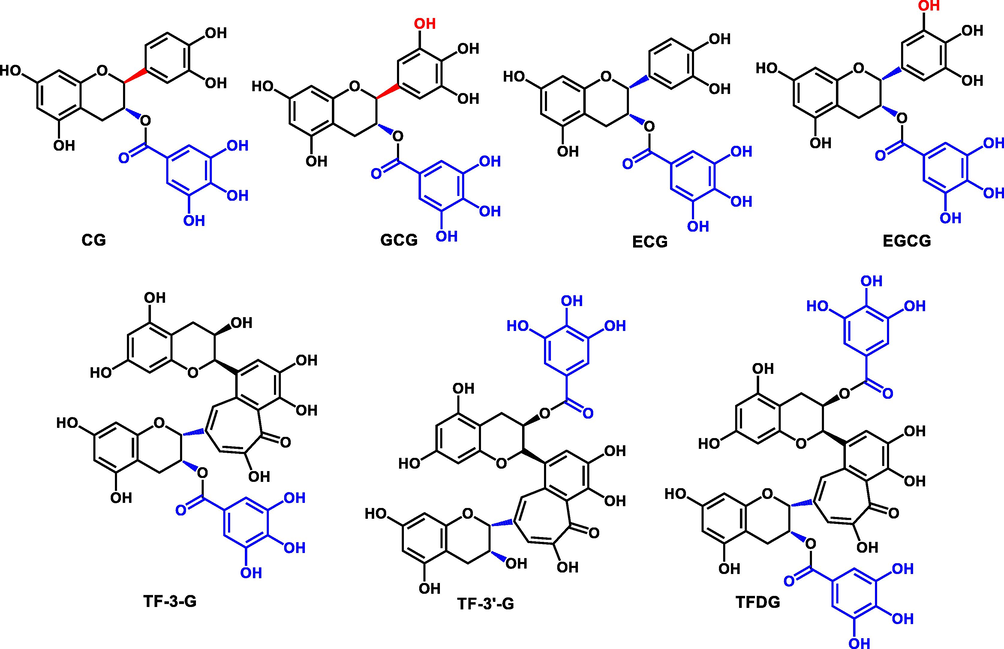 Chemical structures of CG, ECG, GCG, EGCG, TF-3-G, TF-3′-G, and TFDG.