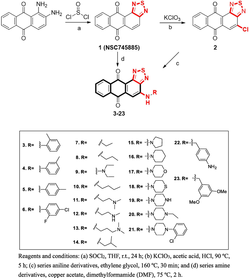 Synthesis routes of the N-substituted anthra[1,2-c][1,2,5]thiadiazole-6,11-dione derivatives. Reagents and conditions: (a) SOCl2, THF, r.t., 24 h; (b) KClO3, acetic acid, HCl, 90 °C, 5 h; (c) series aniline derivatives, ethylene glycol, 160 °C, 30 min; (d) series amine derivatives, copper acetate, dimethylformamide (DMF), 75 °C, 2 h.