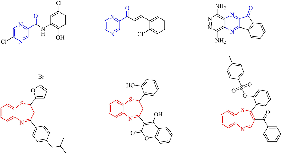 Structures of selected pyrazine and 1,5-benzothiazepine derivatives with potent antimicrobial, antitubercular and anticancer activities.