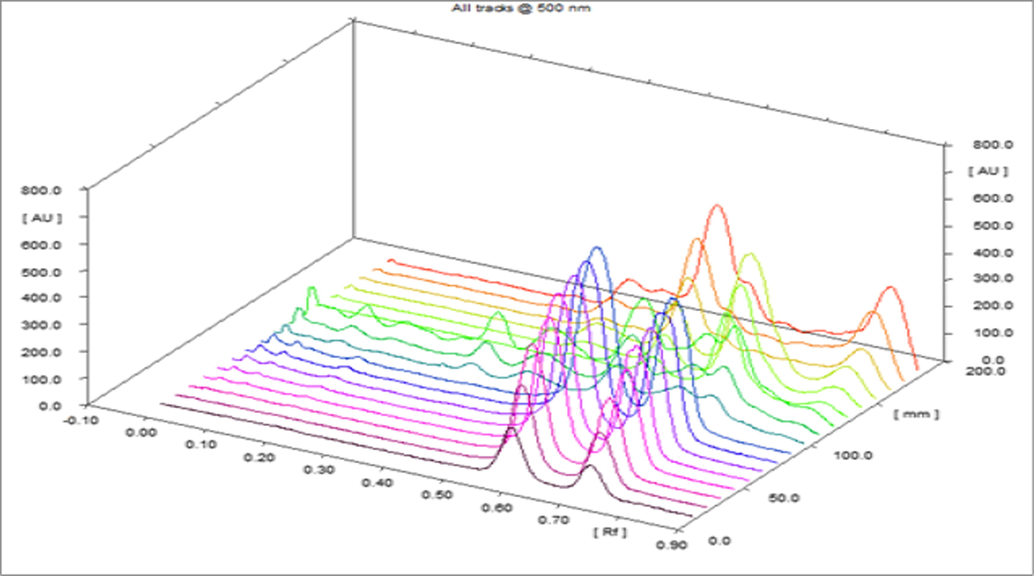 Densitometric-chromatogram of linalool, thymol and essential oils of O. basilicum and T. vulgaris at 610 nm (3D View).