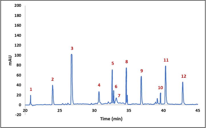 Chromatograms obtained by HPLC analysis of an extract rich in flavonols from Vaccinium macrocarpon: (1) Cyanidin-3-O- galactoside; (2) Cyanidin −3-O-arabinoside; (3) Peonidin −3-O-galactoside; (4) Kaemperol 3-O-glucoside; (5) Cyanidin-3-O- glucoside; (6) Peonidin −3-O-arabinoside (7) Quercetin- 3-O-glucoside; (8) Quercetin-3-O- arabinoside; (9) Quercetin-3-O.rhamnoside; (10) Peonidin-3-O-glucoside; (11) Kaemperol 3-O-galactoside; (12) Kaemperol.