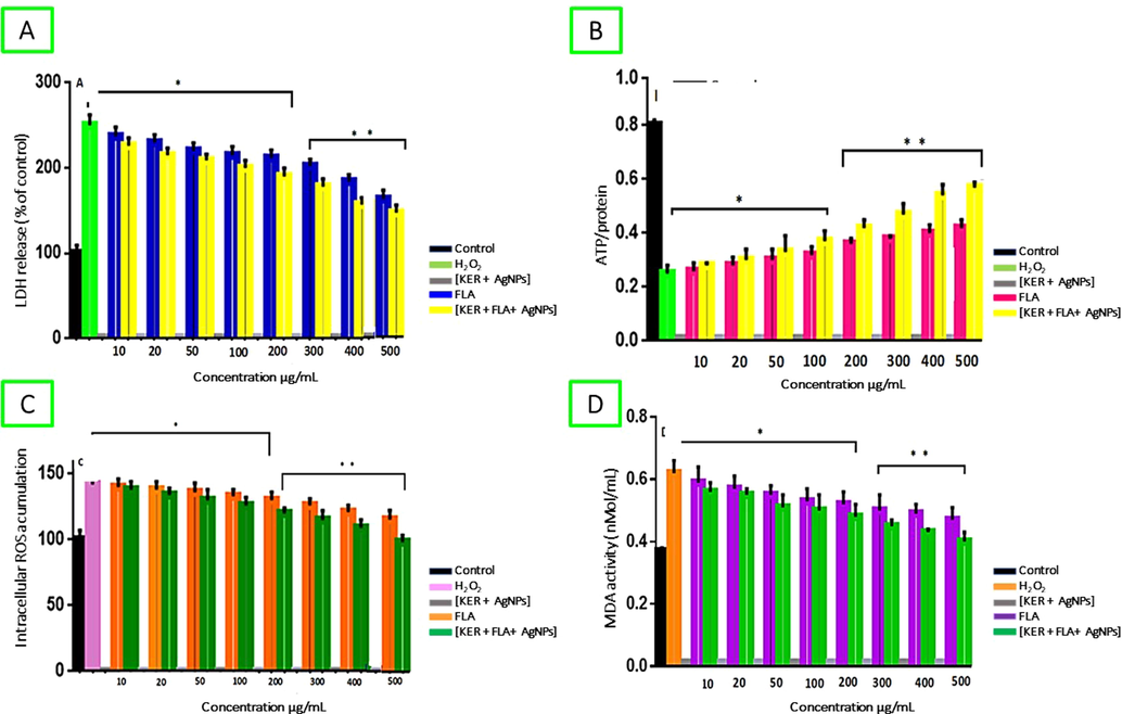 Effect of [KER + AgNPs], FLA and [KER + FLA + AgNPs] on: (A) LDH release in H2O2–treated INS-1 cells; (B) ATP/protein (C) Intracellular ROS accumulation; (D) MDA activity . The data represent the mean of three independent experiments. *p < 0.01, compared with untreated control cells; **P < 0.01, compared with cells treated with H2O2 only.