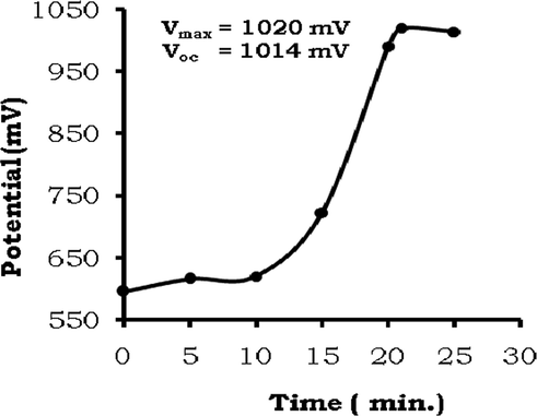 Variation of potential with time during charging of the cell.