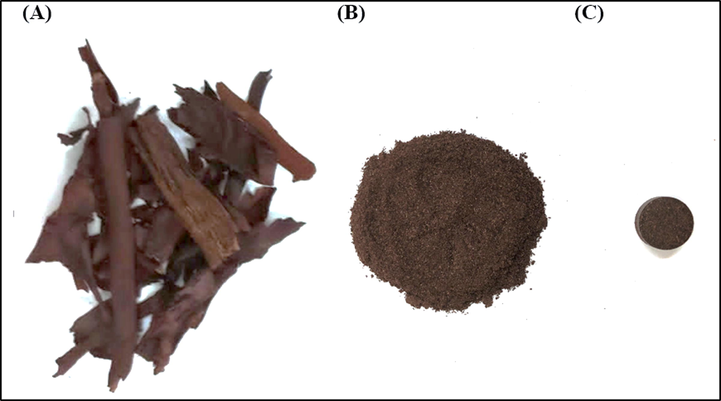 Preparation of Rhatany roots samples, a) dried as purchased roots, b) ground roots, and c) pelletized roots.