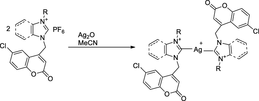 Silver salt of benzimidazolinium with coumarin derivatives.