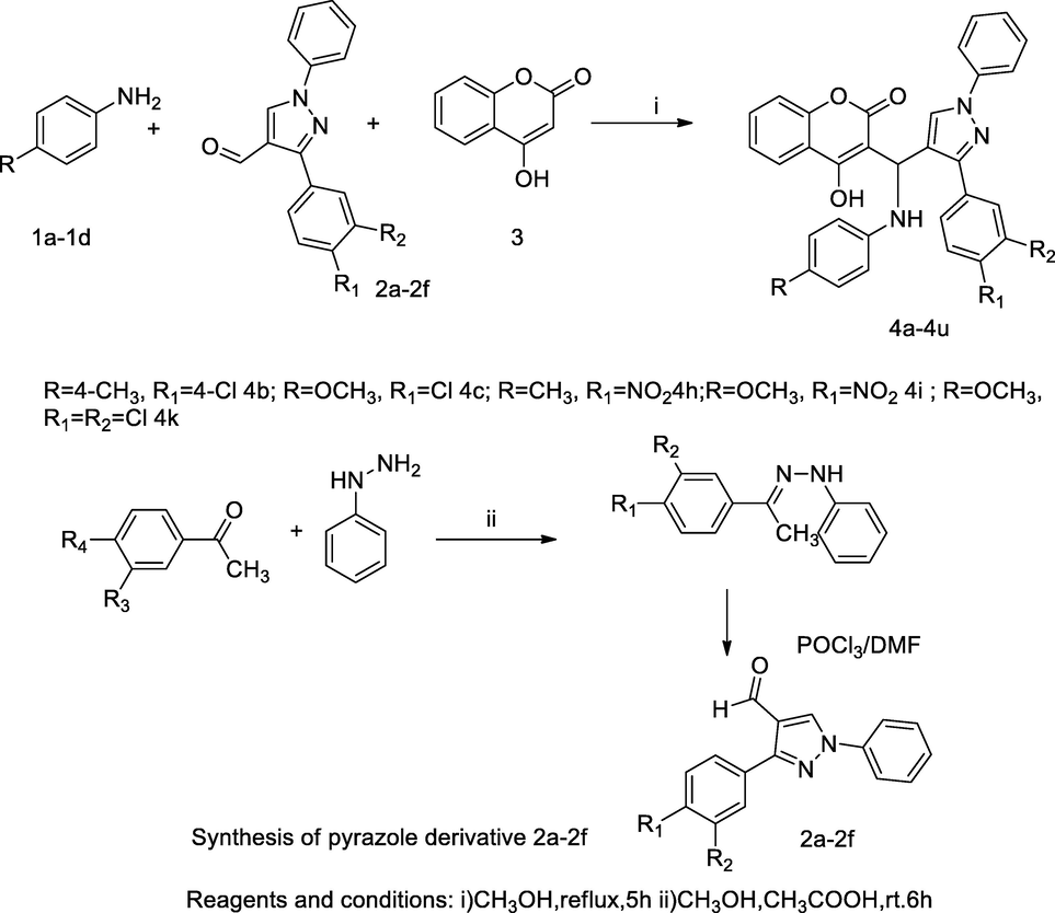 Pyrazole-anilino connected coumarin derivatives.