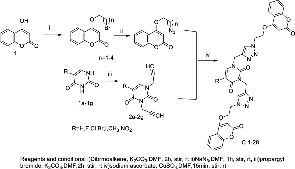 Bis-Triazole uracil based coumarin derivatives.