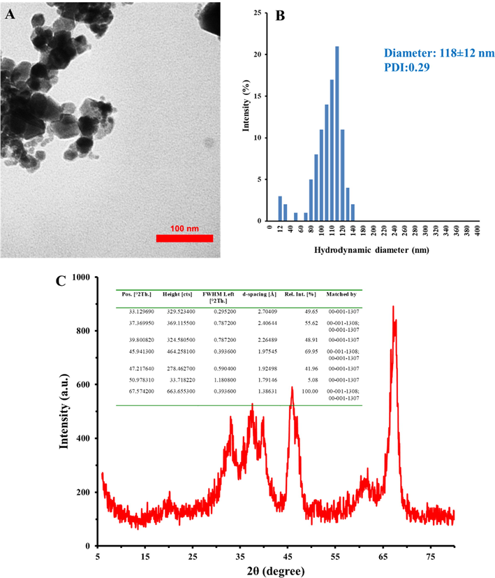 TEM image (A), DLS histogram (B), and XRD pattern (C) of synthesized Al2O3 NPs. The inset shows the XRD data.