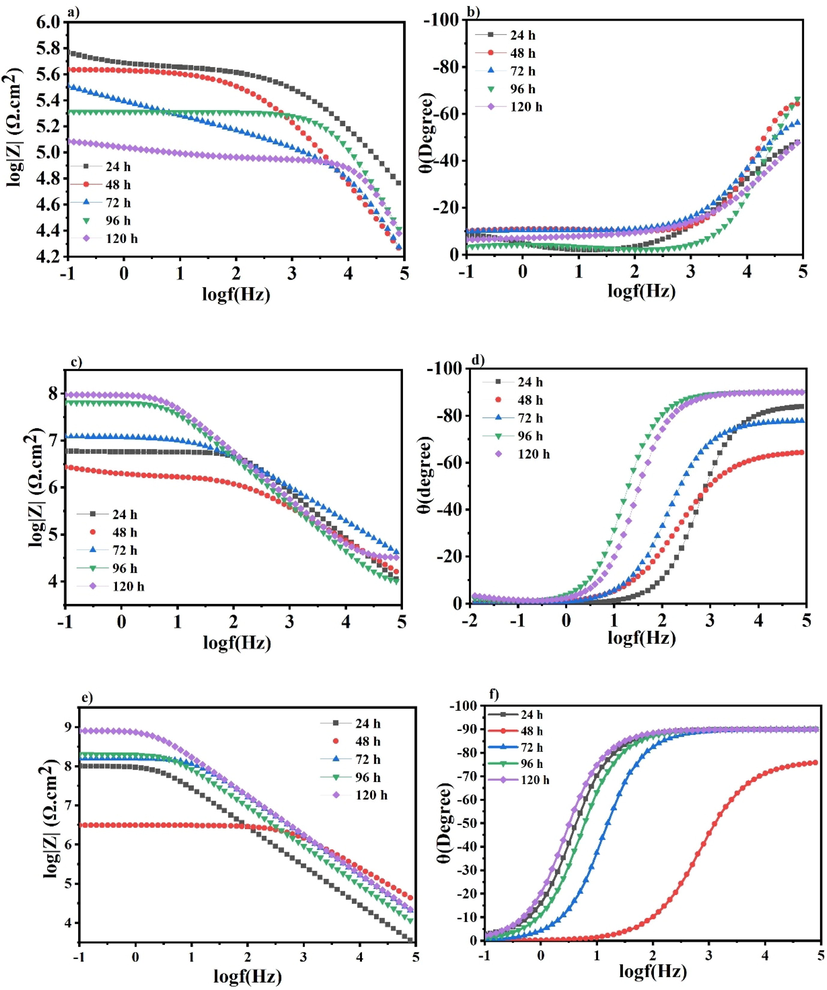 a) Bode, b) Phase angle for the blank epoxy matrix, c) Bode, d) Phase angle for the polymeric nanocomposite coatings containing 1 wt% TNPs, e) Bode, f) Phase angle for the polymeric nanocomposite coatings containing 3 wt% TNPs.