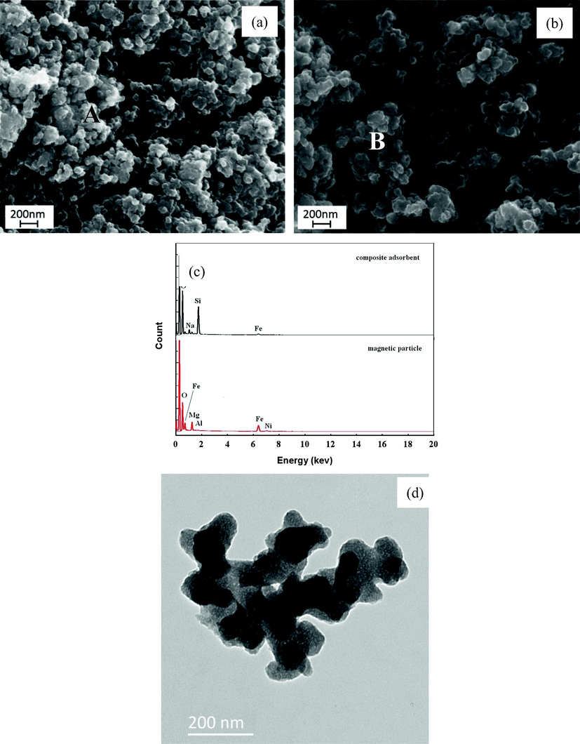 SEM image of magnetic particles (a) and MCAs (b), and EDS spectra (c) of “A” and “B” point and TEM image of MCA (d).