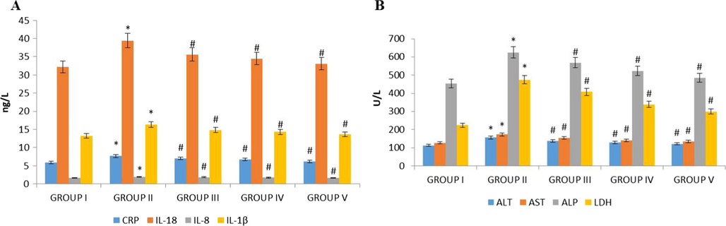 Effect of synthesized Betulinic acid loaded PVA/Lig-g-MA nanoformulation on inflammatory interleukin and liver function enzymes in high fat diet induced atherosclerotic rat model. The blood samples were collected and subjected to analysis of (A) C-reactive protein, IL-1β, IL-8 and IL-18 (B) ALT, AST, ALP and LDH levels using commercially available kits. Values are expressed as means ± S.D for six independent observation of each group. ‘*’ p ≤ 0.05 considered as significant when compared to the control and ‘#’ p ≤ 0.05 considered as significant when compared to the atherosclerosis group.