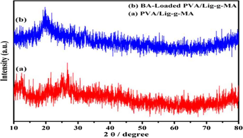 Nanoformulation physical characterization. X-Ray Diffraction pattern analysis of synthesized Betulinic acid loaded PVA/Lig-g-MA nanoformulation.