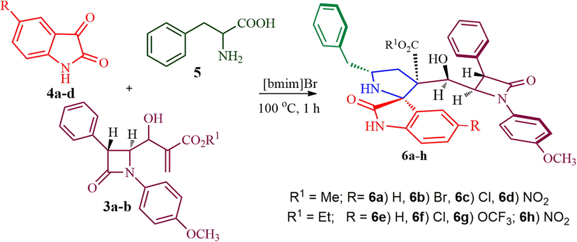 β-lactam integrated spirooxindolopyrrolidine hybrid heterocycles, 6a-h.