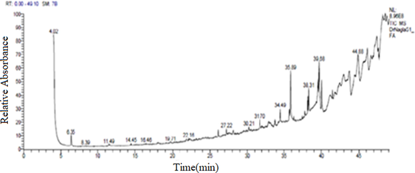 The chromatogram from the GC–MS analysis of fatty acid in licorice root.