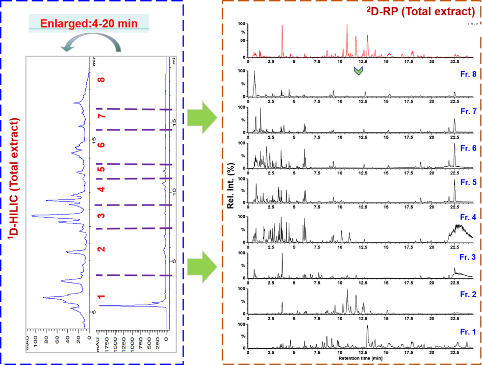 Illustration for the eluate collection by the first-dimensional HILIC separation of the total extract of Atractylodes macrocephala and the fractionation effect by comparing the positive-mode HDMSE spectra of the total extract and eight fractionated samples.