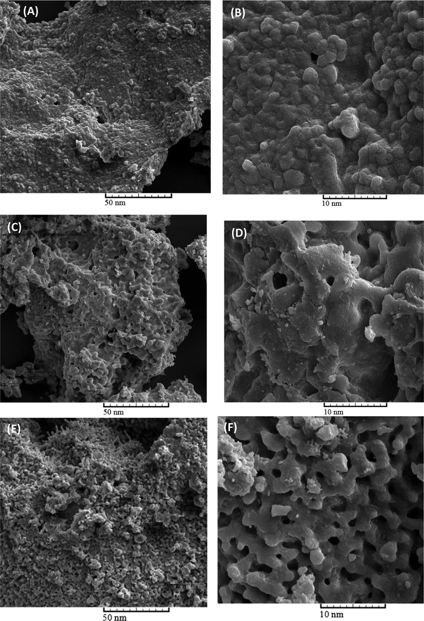 Structure and morphology characterizations of oak seeds (A, B) and the activated carbons prepared at different temperature, At 450 °C (C, D), 550 °C (E, F), 650 °C (G, H) and 750 °C (I, J).