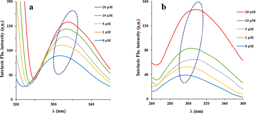 Synchronous fluorescence spectra of interaction between IgG and propofol at Δλ = 20 and (a) and at Δλ = 60 (nm) (b). Concentration of IgG was 2 μM, while concentrations of propofol were 0, 1, 5, 10, and 20 μM in a10 mM phosphate buffer (pH 7.4) at room temperature.