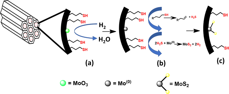 Scheme for the activation of thiol-functionalized SBA-15 supported NiMo catalyst: (a) reduction of MoO3 at 400 °C; (b) decomposition of thiol at 500 °C to release H2S; (c) formation of MoS2 supported on Silica.