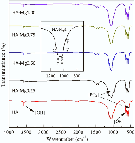 IR Spectrum of HA, HA-Mg0.25, HA-Mg0.50, HA-Mg0.75, and HA-Mg1.00.